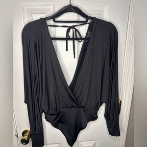 Black Deep Vneck Long Sleeve Going Out Top Bodysuit Tie Back No Clasp